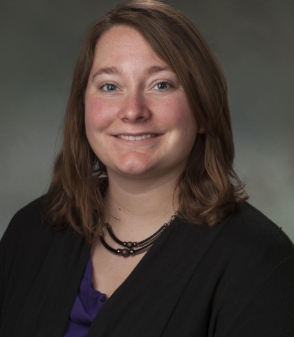 portrait of Susan Daniel, a light pink skinned person with shoulder-length brown hair wearing a black sweater over a purple shirt and a black necklace with two curved strands with beads