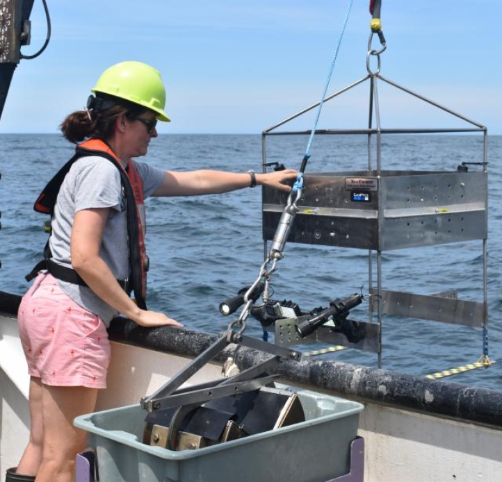 A person on the deck of a large boat guides a metal frame suspended from cables on a winch as it is lowered off the boat. There are lights and cameras affixed to the frame.
