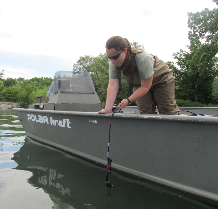 A woman leaning over the side of a boat to lower an instrument on a cable into the water.