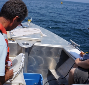 Two people working in the front of a boat. One holds a net and a bottle of reddish liquid. The other is holding a cable and instrument and writing on a datasheet