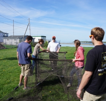 A group of people hold up a box-shaped net on land