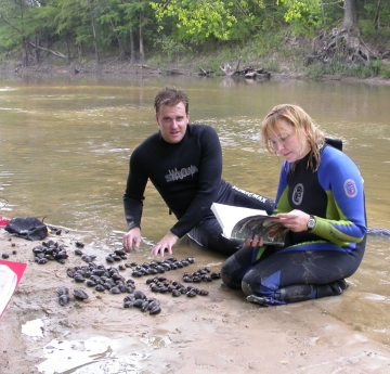 Two people in wet suits sit at the edge of the water with many large mussels. One is looking at a book.