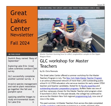 cover of the GLC Newsletter Fall 2024 Issue 25, with table of contents, GLC logo, and first article with picture of people sitting in a boat