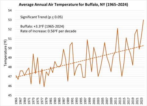 line graph of average annual air temperature for Buffalo, NY from 1965 to 2024. Air temperature fluctated annually, trending upward significantly, raising 0.56º per decade.