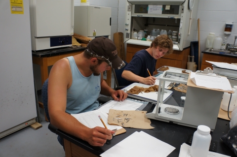 Two people working at a table in a lab. There are small fish on paper towels and a balance by them, and both are writing something down.