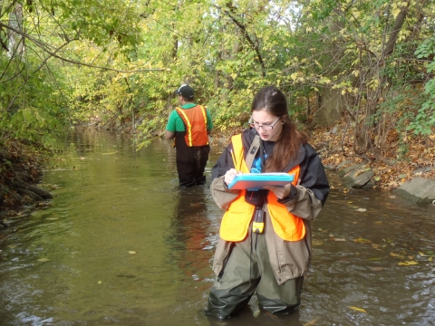 A person writing on a clipboard while standing in a stream, with person wading in the stream behind them.