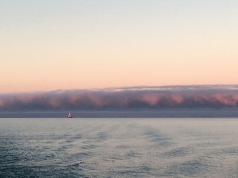 A lake with pinkish grey clouds low on the horizon. There is a boat far on the horizon.