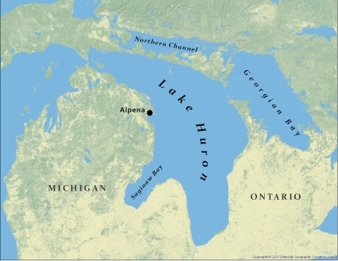 Map showing water: Lake Huron, Northern Channel, Georgian Bay, and Saginaw Bay; and land: Michigan, Ontario, and the city of Alpena.