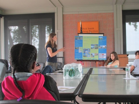 A person presents a poster to a group of students seated around a table.