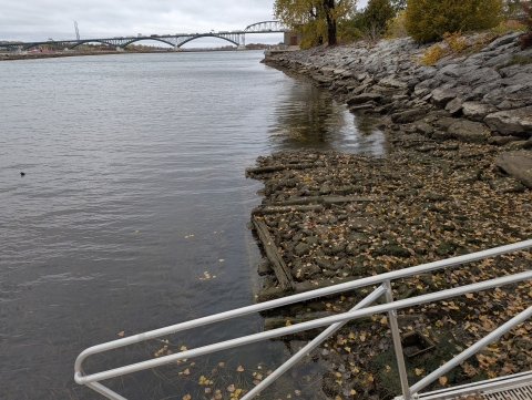 low water along a shoreline exposes rocks and wooden cribbing usually below water level. Fall leaves cover the cribbing on an overcast day.