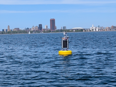 An observational buoy in a lake by a city