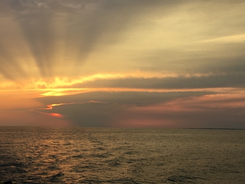 A sunset over a large body of water. The sun is behind some clouds and rays of light spill out from above the clouds.