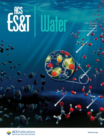 Journal cover for ACS ES&T Water with an illustration of plankton and molecules underwater.