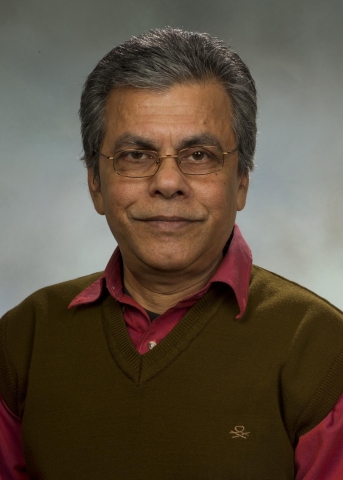A medium-toned brown-skinned person with graying dark hair with a slight smile wearing wire-framed glasses and a brown sweater vest over a red button-up shirt