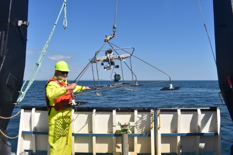 A man in safety gear guiding a frame with video equipment over the edge of a large boat