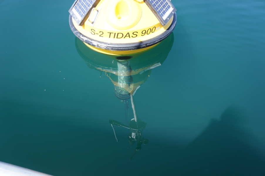 A picture looking through water to the mooring system on the underside of a buoy. The top of the buoy is reflected on the surface of the water.