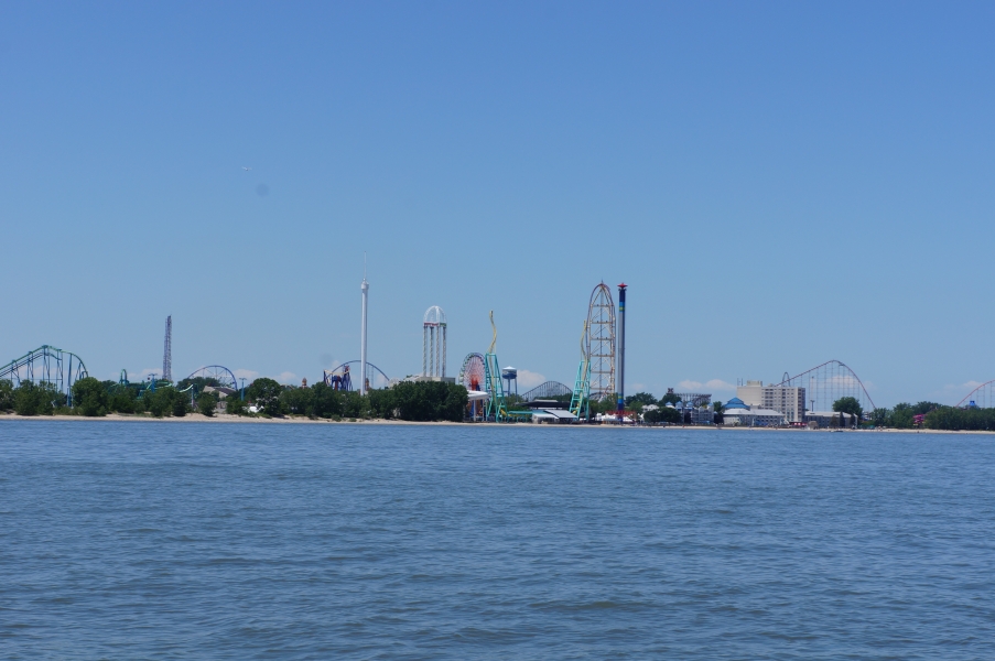 Roller coasters as seen from the water