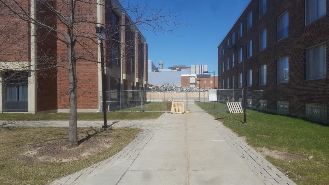 View of a construction site between two buildings. A chain-link fence is up between the buildings, and it is propped in place on either side with pallets.