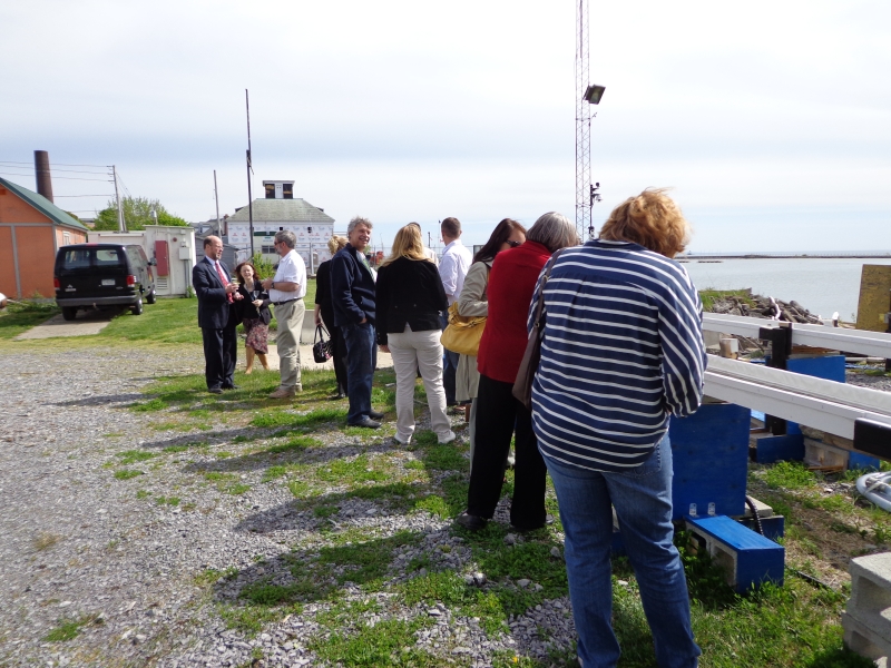 People stand outside looking at troughs set up near the waterfront.