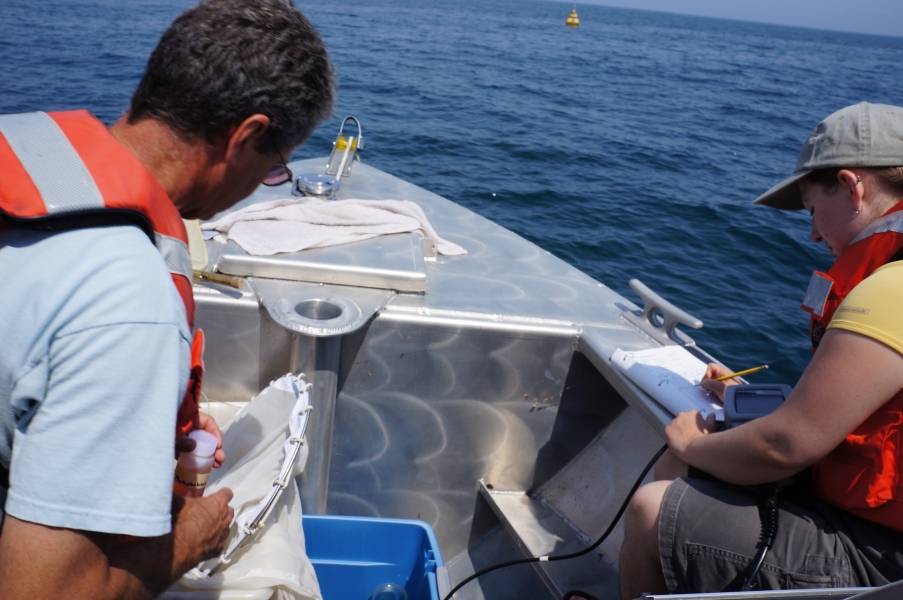 Two people working in the front of a boat. One holds a net and a bottle of reddish liquid. The other is holding a cable and instrument and writing on a datasheet