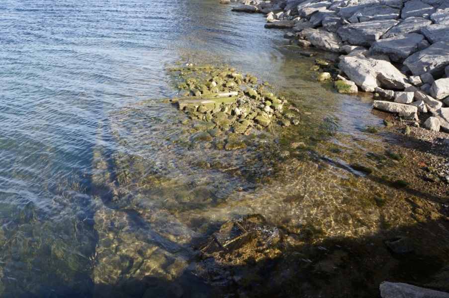 stone and wood cribbing covered in algae peeks above the water