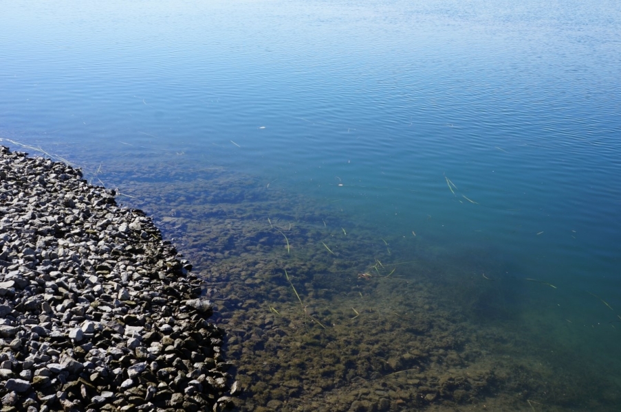 A gravel ramp at the water line extends for only a foot or two before it gets deeper.