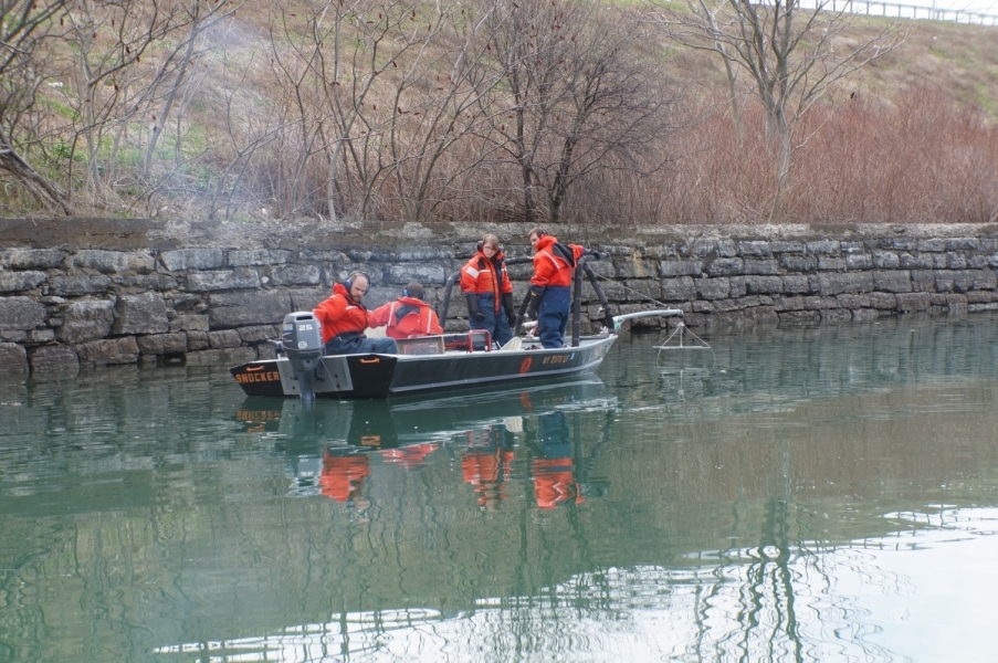 Four people in coldwater safety gear on a shallow boat with a railing at the front and two booms with wires hanging into the water, driving near the shore. Two people stand at the front of the boat, one sits with a net, and the last is at the back of the boat by the controls