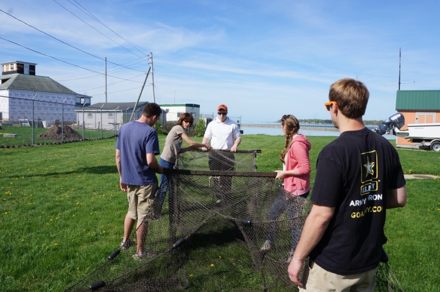 A group of people hold up a box-shaped net on land