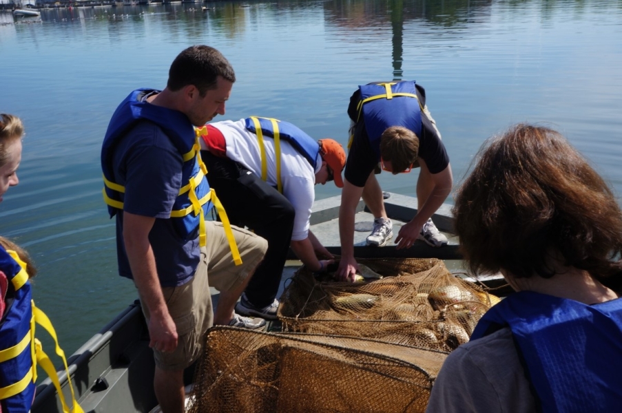 People in life jackets stand on a boat and pull fish out of a large net