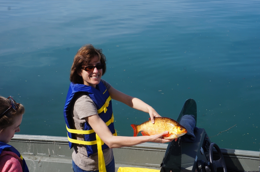 A person wearing a life jacket on a boat holds up a large orange fish.