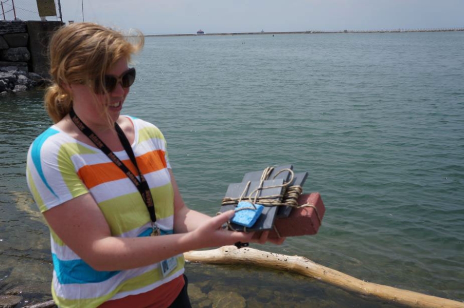 A person standing near the water holds up a brick with collection plates and a sponge tied to them