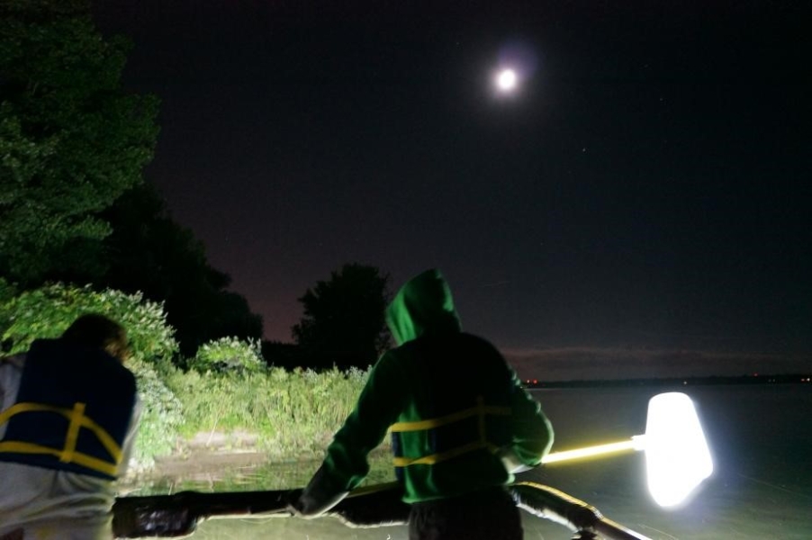 Two people standing on a boat at nighttime, one holding a net on a long pole. The moon is out.