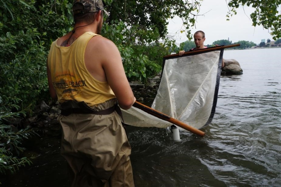 Two people wearing chest waders stand in water and hold opposite ends of an 8 foot long net flat above the water