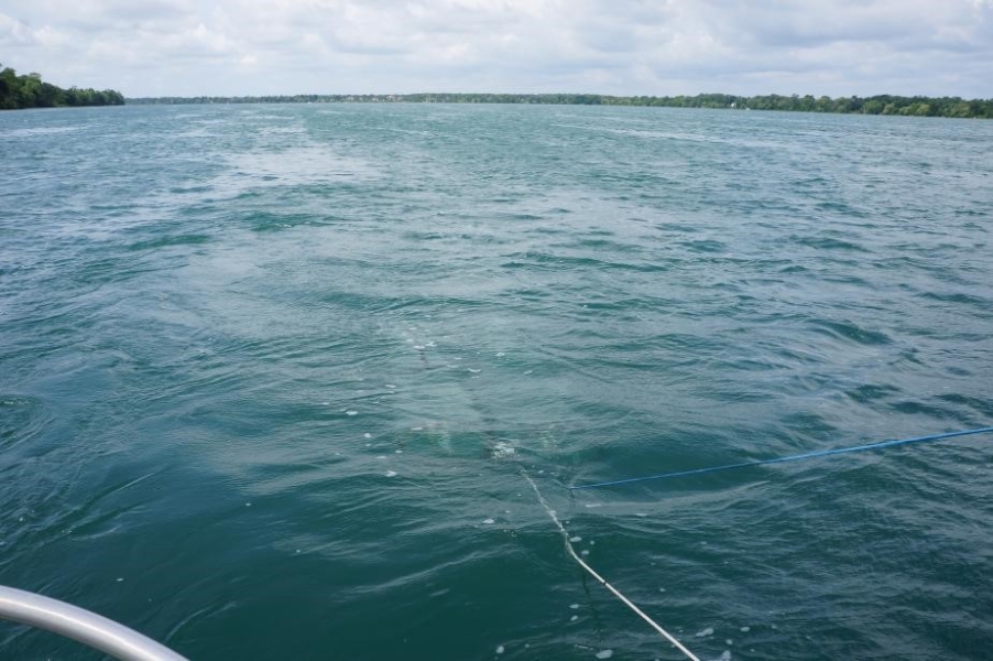 Two long conical nets barely visible below the surface of the water