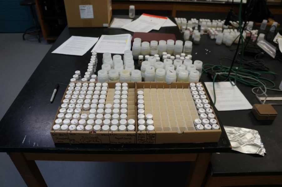 boxes with many vials of samples, and small bottles arranged behind the boxes