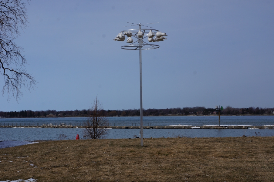 A metal pole with a ring of plastic bird houses at the top in a field by the waterfront.