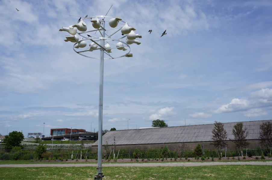 A metal pole with a ring of plastic bird houses at the top in a field. There are a few bird decoys but also several small birds with white bellies resting on it or flying nearby.