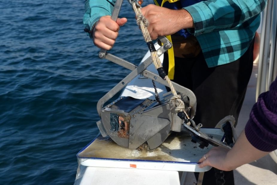 Someone opens a metal grab sampler into a pan. Muddy water and some debris are coming out of it.