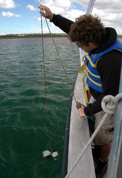 a person standing at the edge of a boat holds up a rope with a black and white disk attached