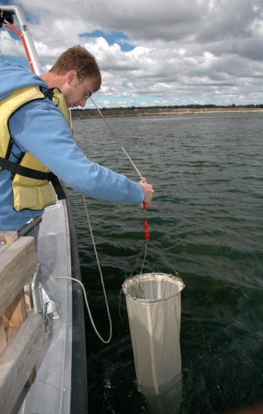 a student at the edge of the boat pulls up sampling equipment. The long fabric net is partway out of the water.