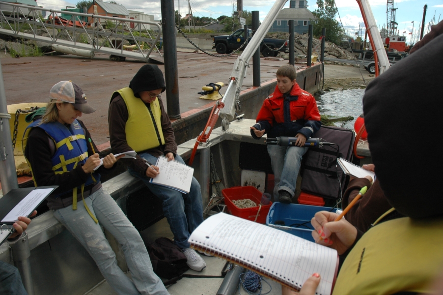 Students sit on a boat tied up at dock while a lecturer holds up a research instrument