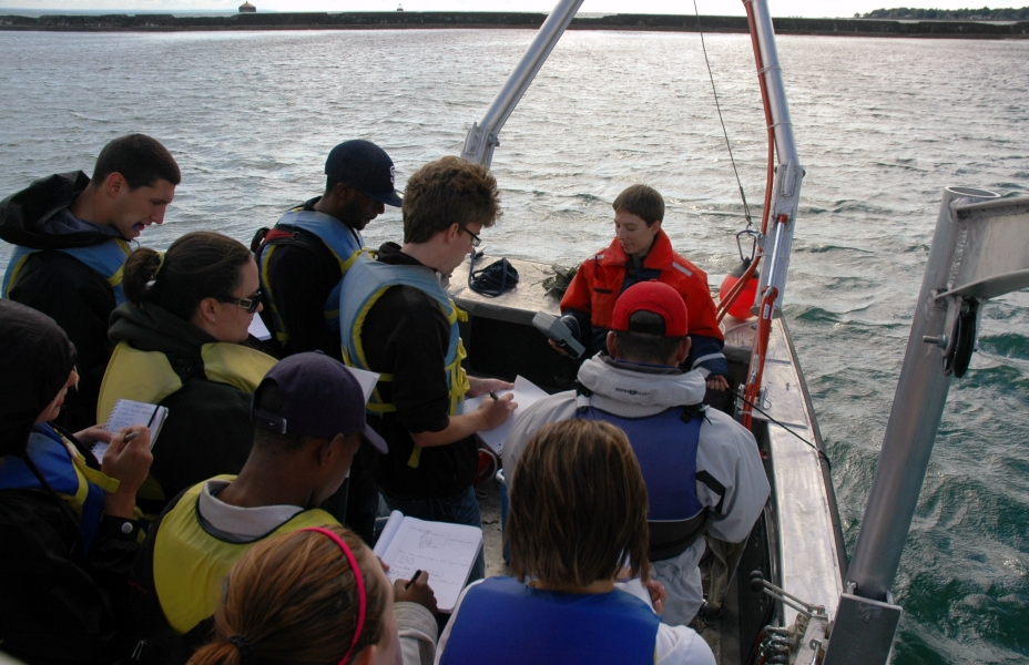 a person holds a research instrument at the front of a boat while a group of people take notes