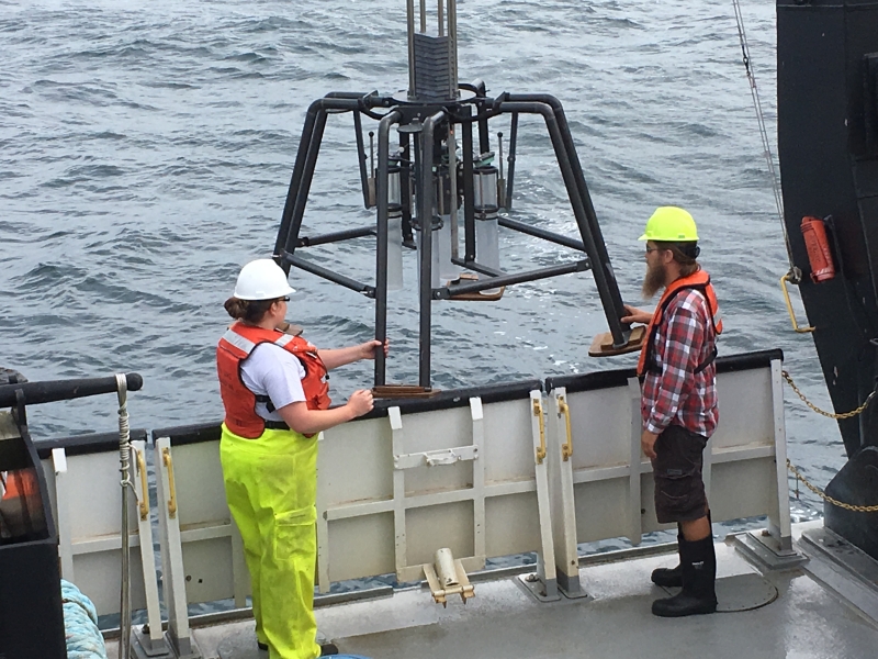 Two people steady a metal frame as it is lowered over the side of a large boat.