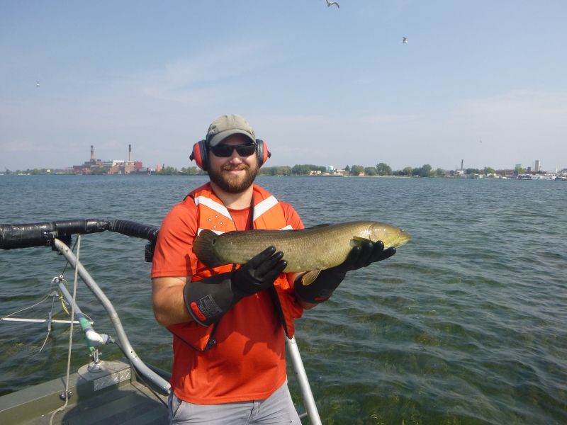 A person on a boat holding a large long fish