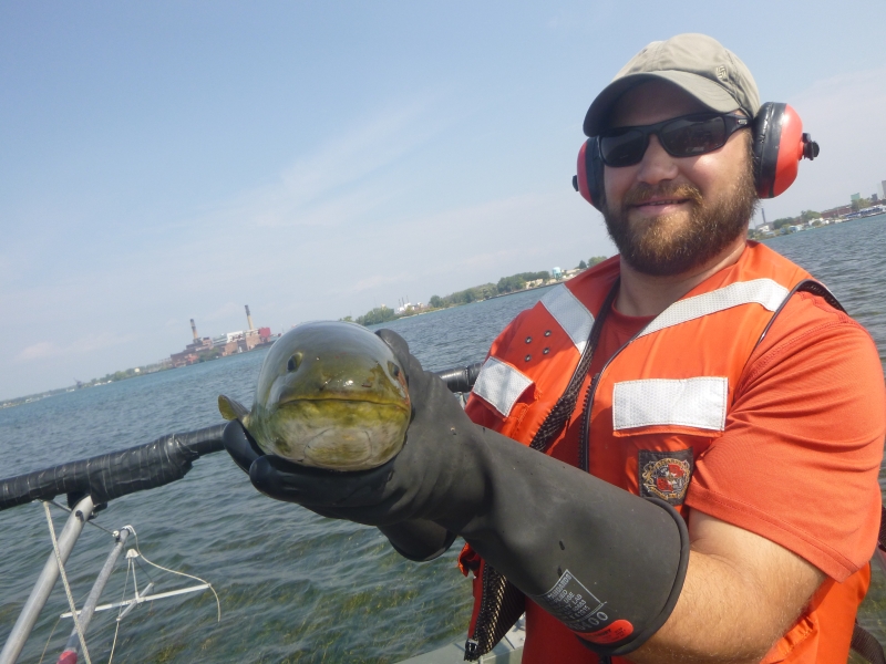 A person on a boat holding a large long fish. The fish is turned so it is facing the camera