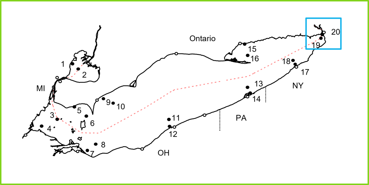 map of Lake Erie with 20 stations around the margins of the lake, highlighted 19 and 20 at the extreme eastern end