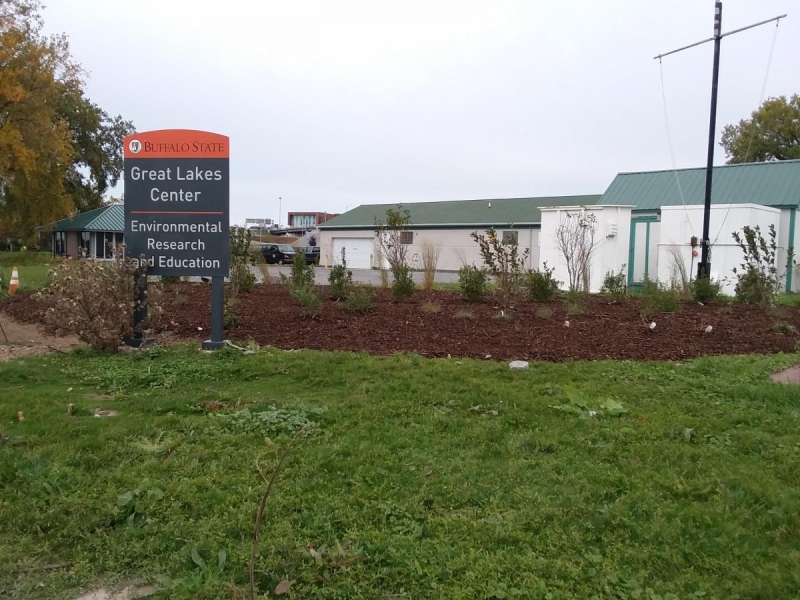 A plant bed near a building. There is a sign next to the bed that says, "Great Lakes Center."