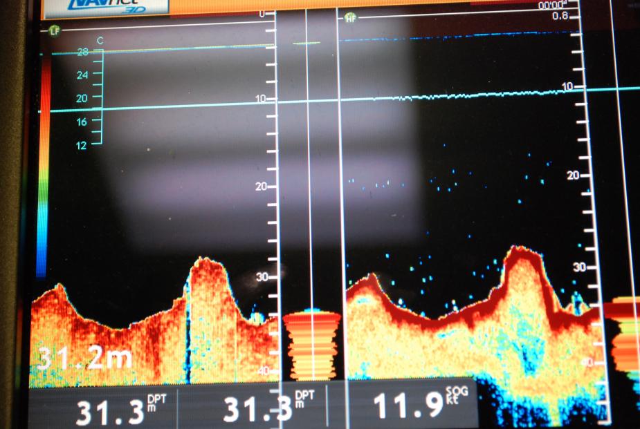 Image of the screen of a depth finder showing an area with an uneven lake bottom.