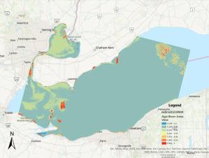 A map showing the algal bloom index in western Lake Erie on 9/4/2023. There are moderate blooms in Lake St. Clair, many moderate and some severe blooms in the western basin, and a few moderate and severe blooms along the shore in the central basin with one large bloom in the center of the central basin